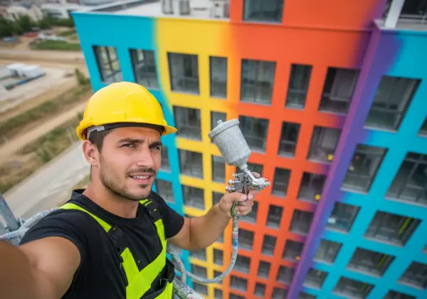 Pintor profissional aplicando tinta em uma parede com um rolo